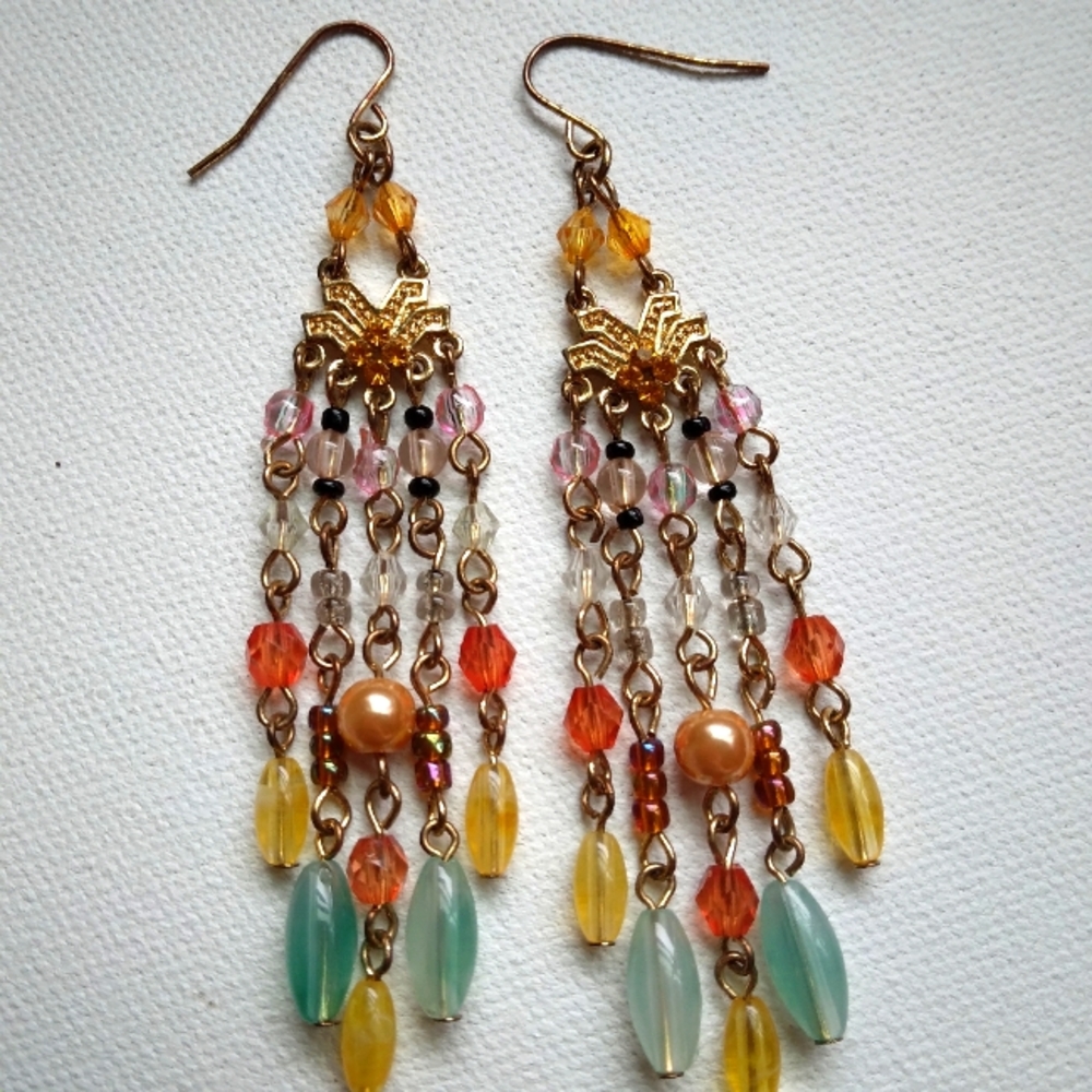 Gold Orange and Blue Beaded Chandelier Earrings